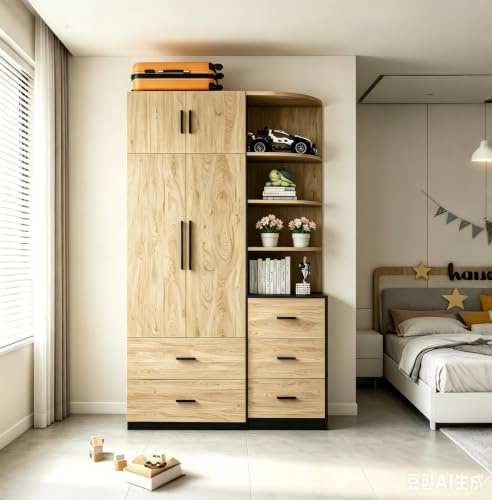 luckdect Armoire de Chambre en Bois,Garde-Robe Penderie Meuble Rangement avec 4 Portes et 5 Tiroirs,4 Étagères Ouverte,Tringle à VêTements,Placard Vestiaire Chambre Entrée Bibliothèque Adulte