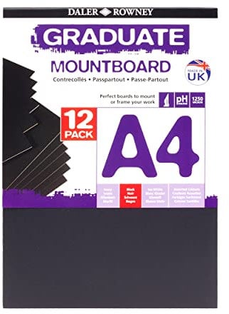 Daler-Rowney Graduate Cream Core A4 Mountboard Pack, 12 x Black Smooth Surface, 1.25mm Thick, Ideal for Student Artists & Hobbyists