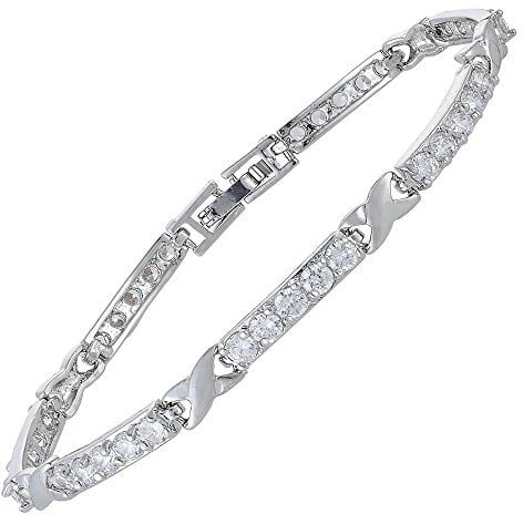 RIVA XOXO Verbindung Tennis Armband [18cm/7inch] mit Rundschliff Edelstein Zirkonia CZ [Weiß Topas] in 18K Weißgold Vergoldet, Einfache Moderne Eleganz