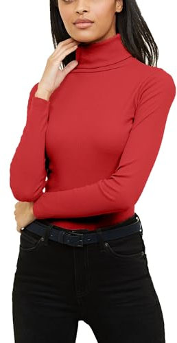 Re Tech UK Ladies Plain Ribbed Cotton Polo Turtle Roll Neck Tunic Top Jumper Full Sleeve, Red, M/L 12-14
