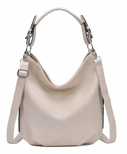 OBC Damen Tasche Shopper Hobo-Bag Schultertasche Umhängetasche Handtasche Crossover CrossBag Damentasche Reisetasche Leder Optik Beuteltasche Beige