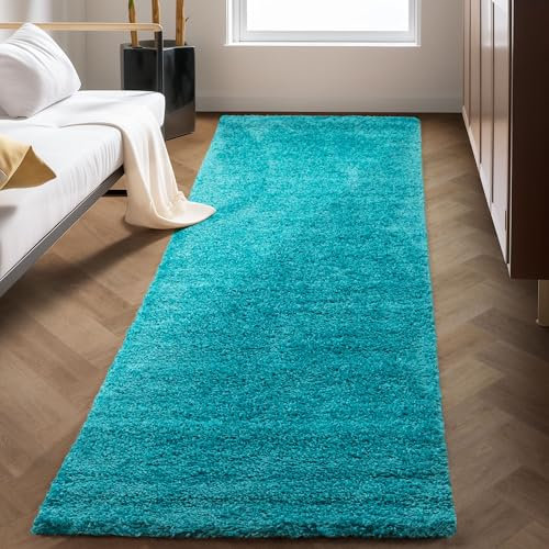 Carpettex Shaggy-Teppich, Hochflor, Wohnzimmer, Florhöhe 3 cm, einfarbig, Türkis, 80 x 250 cm