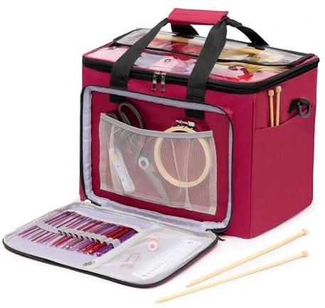 FiNeWaY® Knitting Wool Tote Storage Bag Crochet Hook Needles Accessories Organiser Holder-Made of Premium Heavy Duty Nylon with Clear PVC Top, Strong and Lightweight (Maroon)