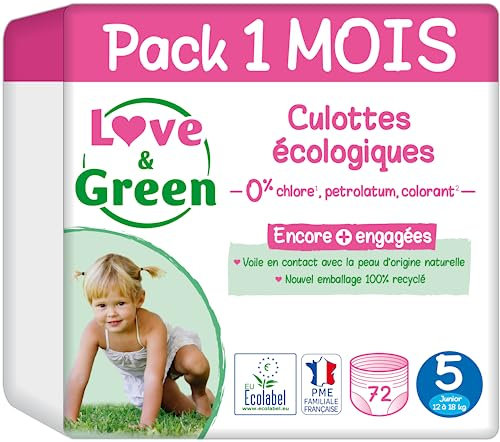 Love & Green - Gesunde und ökologische Windeln Größe 6 (+16 kg), 1-Monatspackung (72 Höschen) — saugfähig, auslaufsicher und frei von unerwünschten Inhaltsstoffen (Verpackung kann variieren)