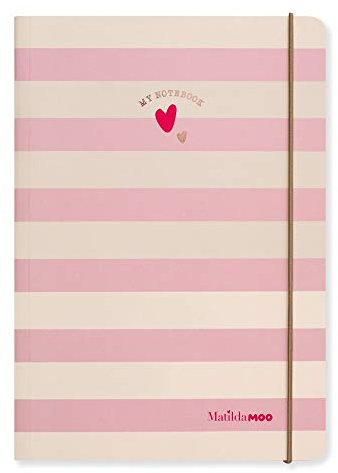Matilda Moo A5-Notizbuch aus linierten A5-Seiten, Gummibandverschluss, flexibler Karteneinband, Roségold, 80 g/m² Papier, Rosa mit Streifen