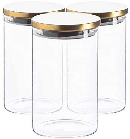 Argon Tableware Scandi Storage Jars with Metallic Gold Lids - 1000ml - 3 Pack - Modern Round Organisation Container Glass Jar for Kitchens, Pantry, Bathrooms, Utility Rooms