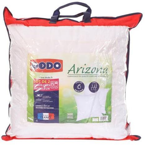 DODO | Lot de 2 Oreillers Ultra Doux 60x60 | Confort Moelleux | 2 Oreillers Arizona | Circulation de l'air et Gonflant | Fabriqué en France | Lavable en Machine à 40°c
