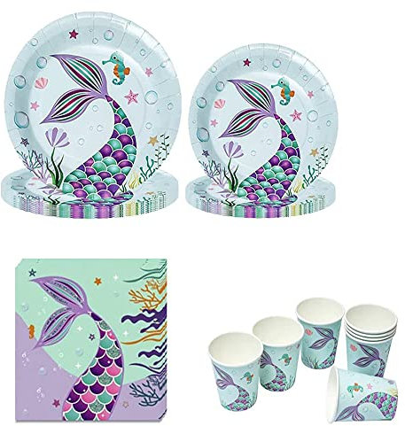 Meerjungfrau Gebutstagparty Set, Partygeschirr Party Set, Meerjungfrau Partyzubehör Set, Lake Blue Festival Supplies, für Sommerpartys und Geburtstagsfeiern, 10 Gäste