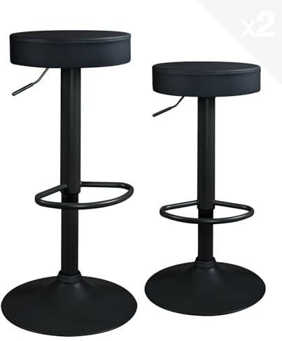 KAYELLES Lot de 2 - Tabourets Bar Noir Rond Simili Cuir sans Dossier, Hauteur réglable, Repose Pieds, pivotants 360° Pied Noir YO (Noir intégral)