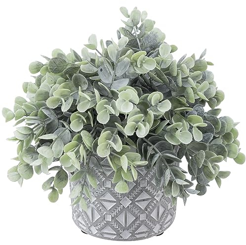 MyGift Artificial Potted Eucalyptus Boxwood Plant Faux Greenery in Modern Geometric Embossed Pattern Concrete Planter Pot