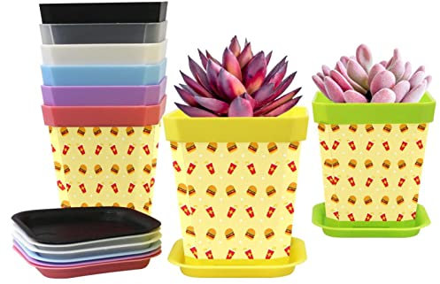 8er-Pack Plastic Plant Seedlings Nursery Pot Barber Tools Summer Foods Cola Burger Pattern , Flower Planter Pot with Tray,8 Colors