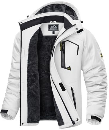 KEFITEVD Skijacke Herren Winddicht Softshelljacke Winter Warm Outdoorjacke mit Kapuze Wasserabweisend Atmungsaktiv Übergangsjacke für Snowboard Wandern Weiß L