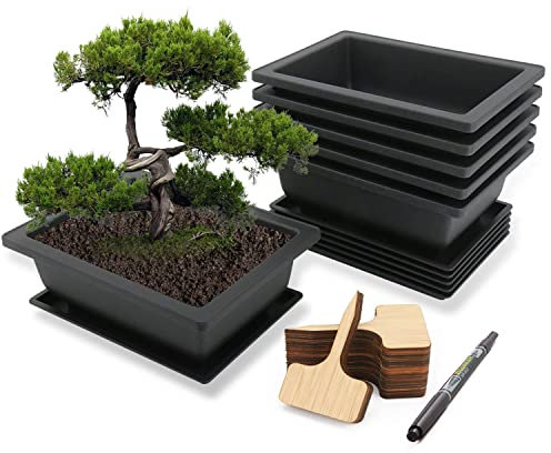 MissFox Bonsai Schale mit Untersetzer, 6 Stücke Bonsai-Trainingstöpfe aus Kunststoff, Blumentopf Rechteckig mit Tablett, Topfpflanzen Pflanztopf für Garten, Bonsai Topf mit Pflanzenschilder und Stift