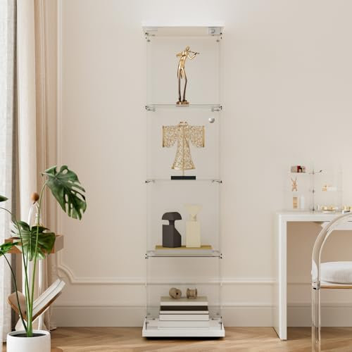 Beauty4U 4-Shelf Glass Display Cabinet, 64 Single Door Showcase Cabinet for Storage Collectables, Simple Quick Installation, White