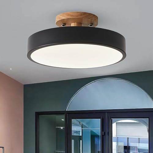 GHiycotdl Modern Wood Flush Mount Ceiling Light - 3 Color Temp 3000/4000/6000K, Fitting for Living Room, Bedroom, Kitchen, Hallway - 8.6 Inch Black