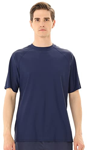 TIZAX Tee Shirt Anti-UV Homme Rashguard à Manches Courtes UPF 50+ Maillot de Bain Hauts T-Shirt de Sport Séchage Rapide Bleu Marine XL
