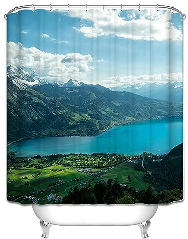 Homxi Cortinas de Ducha Azul Verde,180 W x 200 H CM,Cortina de Ducha de Poliéster Cortina Ducha Paisaje Lago Cortina Ducha Bañera con Ganchos