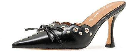 ATBELL Pantoletten mit Kätzchen-Absatz für Damen, Fliege, Wildleder, Stiletto-Absätze, Mule, spitze Zehen, Nieten, Slide-Absatz, Sandalen, Pumps für Hochzeitskleid, Party, Schwarz (Black Pu), 38.5 EU