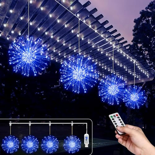 Micacorn Feuerwerk Lichterkette, 4Pack Hängende USB Feuerwerk Lichter 480 LEDs 8 Modes Starburst Wasserdichte Kupferdraht Lichter Feen Lichter mit Fernbedienung für Home Xmas Party Dekorationen