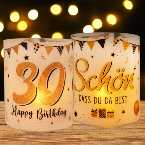 BETESSIN 12 Windlicht Tischdeko Geburtstag 30 Happy Birthday Teelichter Lichthülle Schön DASS du da bist Mini Kerzen Deko Gold Schwarz Geburtstagsdeko Teelichter Kerzen Dekoration Geschenkidee