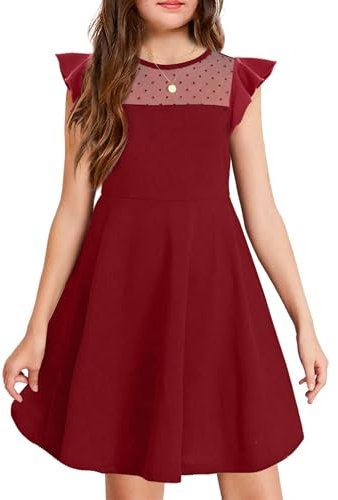 Arshiner Ragazze Tinta Unita Maniche Lunghe Maglia Svasata Linea A Mini Pattinatore Altalena Vestito da Festa per Bambini età 12-13 Anni Vino Rosso 160