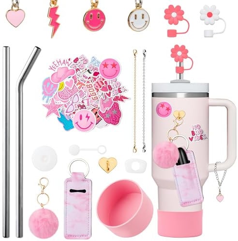 BOpusail 67Pcs Stanley Cup Accessories Set for Stanley Cup 40&30oz Including Daisy Straw Cover Cap Spill Proof Stopper Straws Silicone Boot Pink Chapsticks Holder Pompom Keychain Preppy Charm Stickers