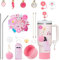 BOpusail 67Pcs Stanley Cup Accessories Set for Stanley Cup 40&30oz Including Daisy Straw Cover Cap Spill Proof Stopper Straws Silicone Boot Pink Chapsticks Holder Pompom Keychain Preppy Charm Stickers