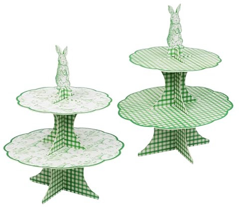 Talking Tables Resuable Easter Cake Stand 2 Tier | Spring Bunny Themed | 100% Paper Card Reversible Double Sided, Cakestand for Birthday, Afternoon Tea, Baby Shower, Picnic, Green