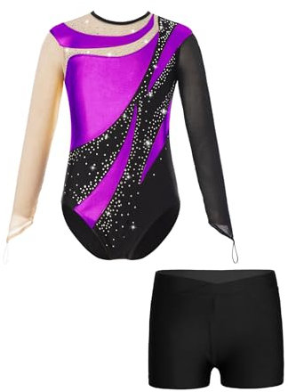 JanJean Kinder Mädchen Gymnastikanzug Glänzend Ballettanzug Langarm Turnanzug Ballett Trikot mit Kurze Hose Wettbewerb Tanzkostüm Ya Lila 158-164