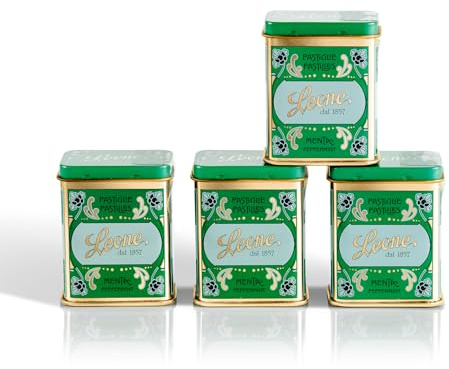 Leone depuis 1857 – Petite Boîte en métal de Pastilles Leone Menthe - Bonbons à la Menthe Sans Gluten et Végans - 4 Petites Boîtes en métal de 30g (4 x 30g)