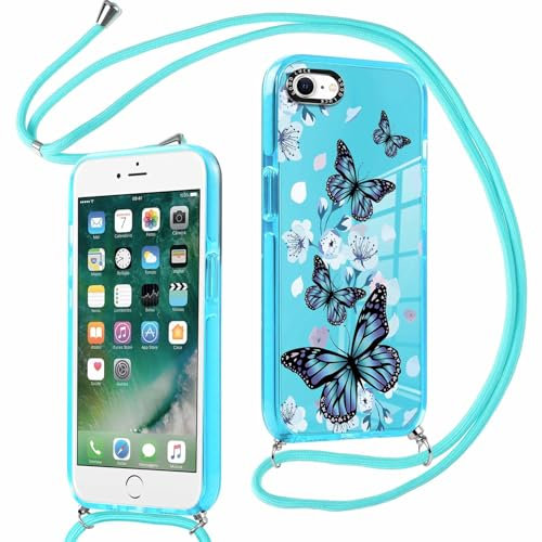 Foonary Transparente Coque pour iPhone 7/8/SE 2020/SE 2022 4,7 avec Cordon, Cute Aesthetic Motif Réglable Collier Housse, Silicone étui Protection Case avec Corde Lanyard pour iPhone SE 3, Papillon3