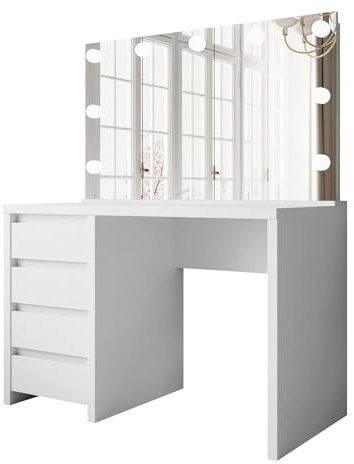 lukmebel - Schminktisch mit Spiegel - Schminkspiegel mit Beleuchtung - Schubladen - Weiß Make Up Tisch Frisiertisch Kosmetiktisch Matt Glamour Elite