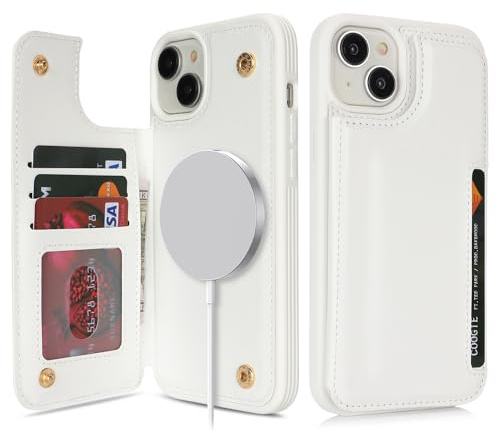 SailorTech for iPhone 15 Plus Case with Credit Card Holder Magsafe, iPhone 15 Plus Phone Leather Case for Women Compatible mag safe Card Slots Durable ShockPlusof Wallet Case - White