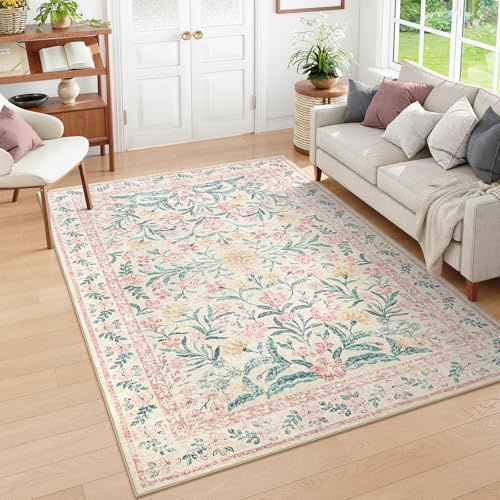 Wonnitar Waschbarer Teppich, 15,2 x 22,9 cm, rosa Blumenmuster, für Schlafzimmer, Mädchen, weicher Wohnzimmerteppich, ultradünn, Boho, rutschfest, fusselfrei, Pastellfarben, Kinderzimmerteppich für