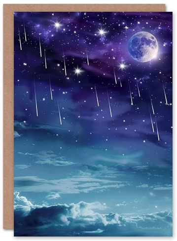 Artery8 Dreamy Night Sky Falling Stars and Full Moon Blank For Him Or Her Art Birthday Card