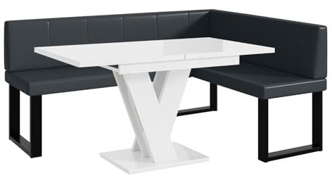 MEBLINI Eckbank für Esszimmer mit ausziehbarem Tisch - Küchenbank - Essecke - Sitzecke Küche - Peter - U-Beine 128x168x87cm Rechts - Dunkelgrau Kunstleder/M Weiß Hochgl.