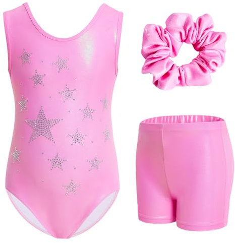 Gogokids Set da ginnastica da bambina, 3 pezzi, body senza maniche, con pantaloncini e fascia per capelli, per danza classica, con design sfumato per bambini dai 3 ai 12 anni, Stampa Stelle Rosa,
