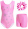 Gogokids Set da ginnastica da bambina, 3 pezzi, body senza maniche, con pantaloncini e fascia per capelli, per danza classica, con design sfumato per bambini dai 3 ai 12 anni, Stampa Stelle Rosa,