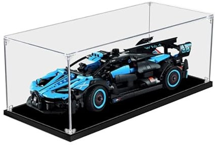 HCAEIOFJ Clear Acrylic Display Case for Lego Technic 42162 Applicable for Bugatti Bolide Agile Blue Racing Car Display Box Gift(Display Case Only) (Black Bottom)