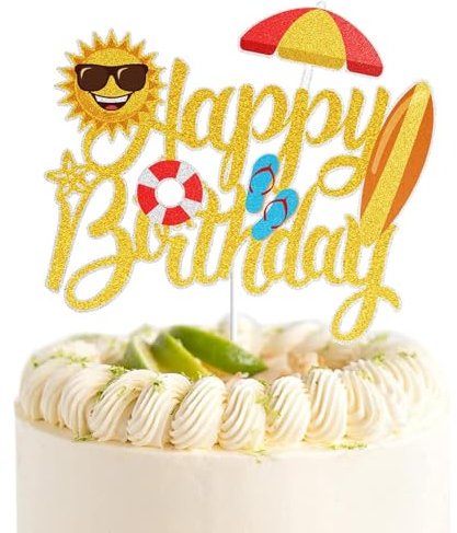 Kuchen Topper Geburtstag, Strand Happy Birthday Tortenaufsatz, Glitter Sommer Pool Schwimmen Surf Kuchen Topper, Pool Strand Cake Topper, für Sommer Urlaub Strand Pool Party Dekoration Zubehör (B)