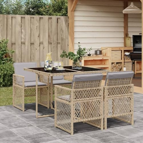IKAYAA Polyrattan Gartenmöbel Set für 4 Personen, Garten Sitzgruppe, Essgruppe, Gartengarnitur, Rattan Sitzgarnitur, Gartentisch mit 4 Stühle & Kissen Beige und Grau