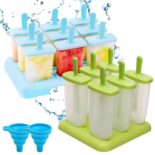 Xbessc Moules à Glace 15 Plastique Popsicle Moules Set Moule Glace sans BPA DIY Popsicle Mold avec Bâtonnets Plastique et Entonnoir Pliable pour Popsicles Crèmes Glacées Sorbets Nourriture(Bleu,Vert)