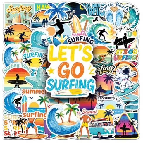 Surf-Aufkleber | 50 Stück Wassersport-Vinyl-Sticker für Trinkflaschen, Laptop, Koffer, Tassen, Computer, Handy, Skateboard, Gitarre