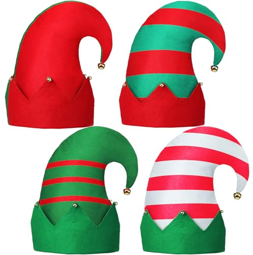 Jamntower 4 Pcs Christmas Elf Felt Hat with Bells, Fashion