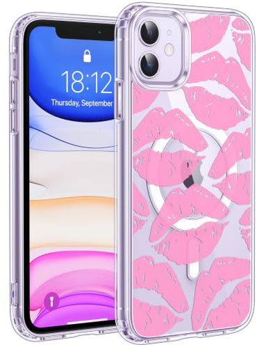 Jkvare for iPhone 11 Case, Crystal Clear Aesthetic Pattern Wireless Magnetic Protective Phone Cover for Women Girls - Pink Lips