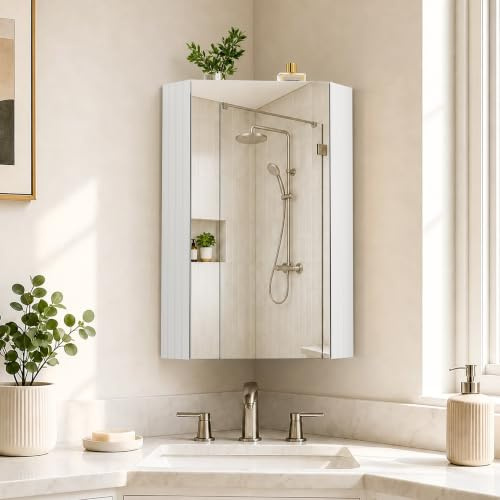 Pamapic Spiegelschrank Bad, Badezimmer Spiegelschrank mit Verstellbaren Ablagen, Eckschrank Bad, Hängeschrank Badezimmer, Schrank mit Badezimmerspiegel, Wandschrank, 32 x 32 x 65 cm, Weiß