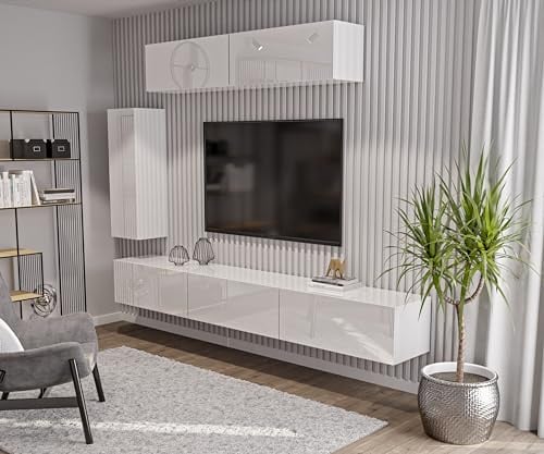 HAJDUK FURNITURE Wohnwand Hochglanz Weiß – TV Wand 270 cm (3×90 cm) + 2× Hängeschrank 90 cm + Seitenschrank 105 cm, Modulare TV Wohnwand Push-to-Open Wohnzimmer