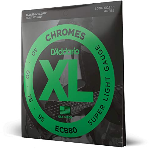 D'Addario XL Chromes Flatwound Bass Strings ECB80, 40-95, Super Light | XL Chromes flatwound bass strings deliver smooth feel, warm tone, reduced finger noise and exceptional durability.
