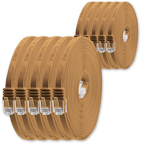 1aTTack.de 0,25m CAT6 Câble plat RJ45 1000 Mbit, 10 pièces - marron clair | Câble plat fin à poser, Gigabit LAN, câble patch Ethernet Cat 6, pour routeur, switch, modem, Internet et panneau de brassage
