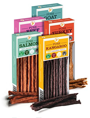 JR Pet Products 5 x 50g Variety Pure Dried 100% Fresh Meat Sticks Dog Treat Gluten & Grain Free Kangaroo Salmon Beef Turkey Goat